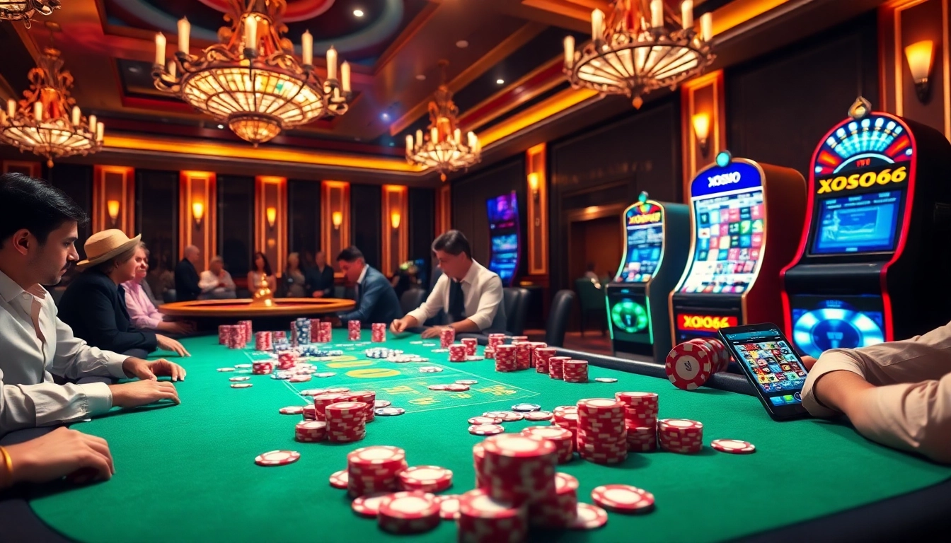 XOSO66 table gaming experience featuring poker chips and vibrant lights in a luxurious casino setting.