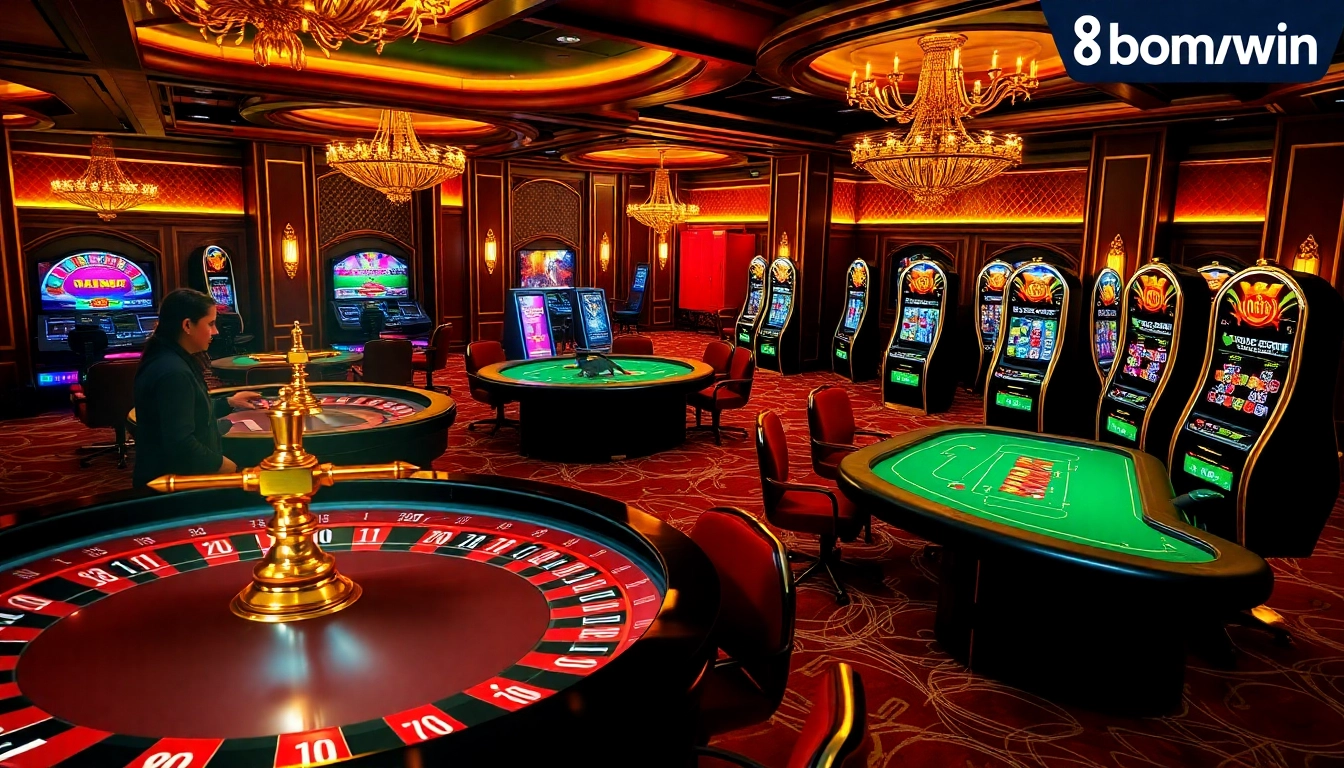 Experience thrilling gameplay at Bomwin with immersive casino visuals featuring poker tables and roulette wheels.