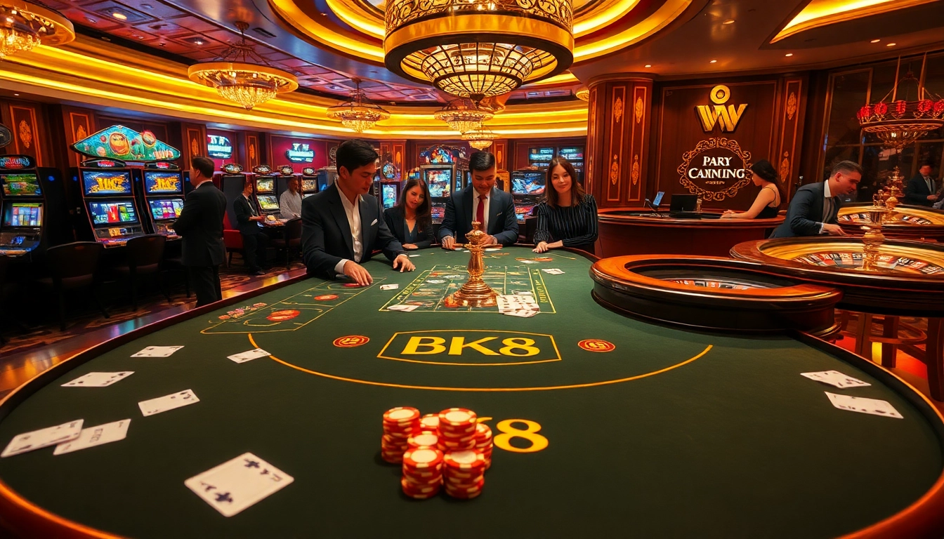 Experience the thrill of BK8 เว็บตรง with players engaging in high-stakes gambling at an elegant casino table.
