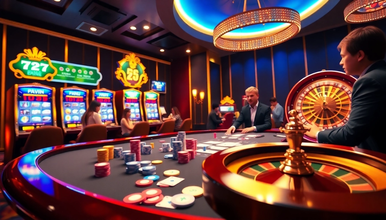Engage in thrilling gameplay with phwin at a luxury casino featuring vibrant poker chips and slot machines.