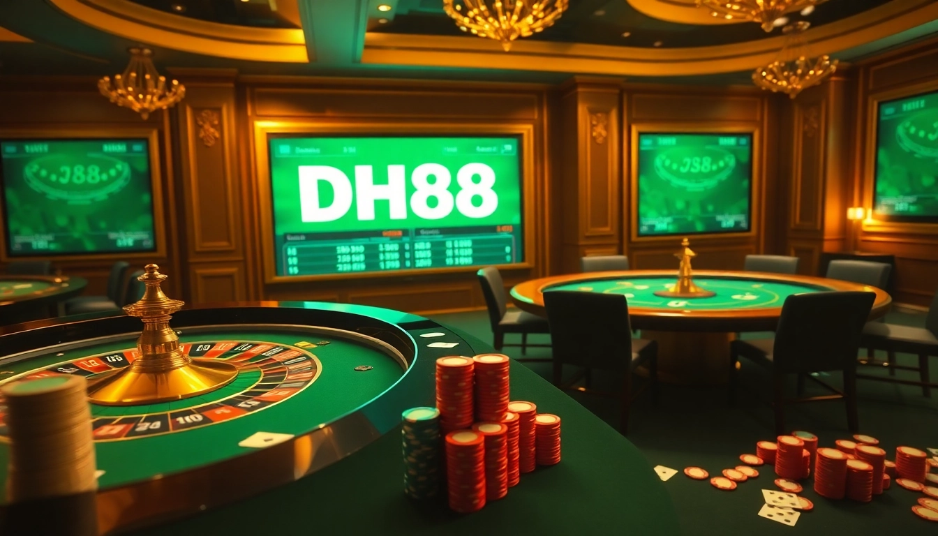 Engaged players enjoying a thrilling game at the DH88 casino, featuring roulette wheels and poker tables.