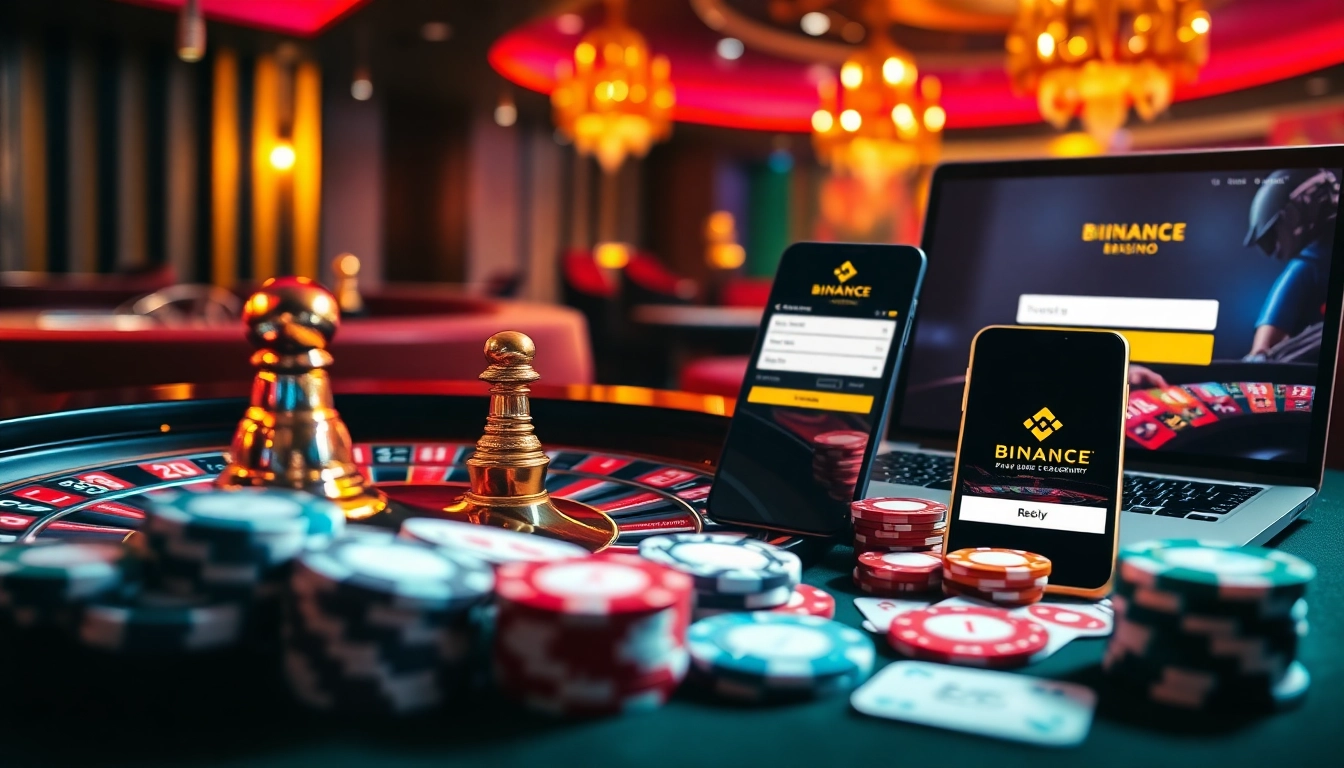Engaging scene showcasing 바이낸스 회원가입 with casino elements, including poker chips and online betting interfaces.