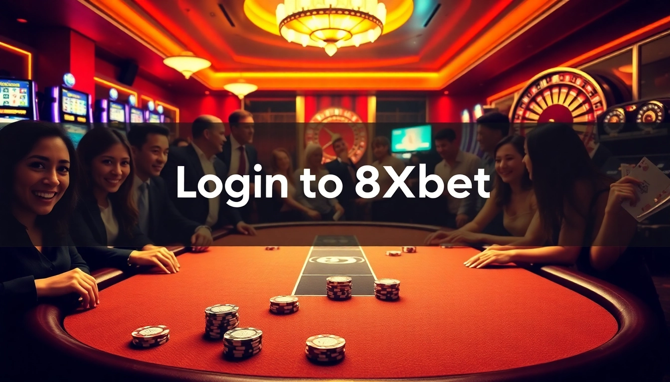Engage with the exhilarating world of gambling by logging into 8xbet, featuring an exciting casino scene.