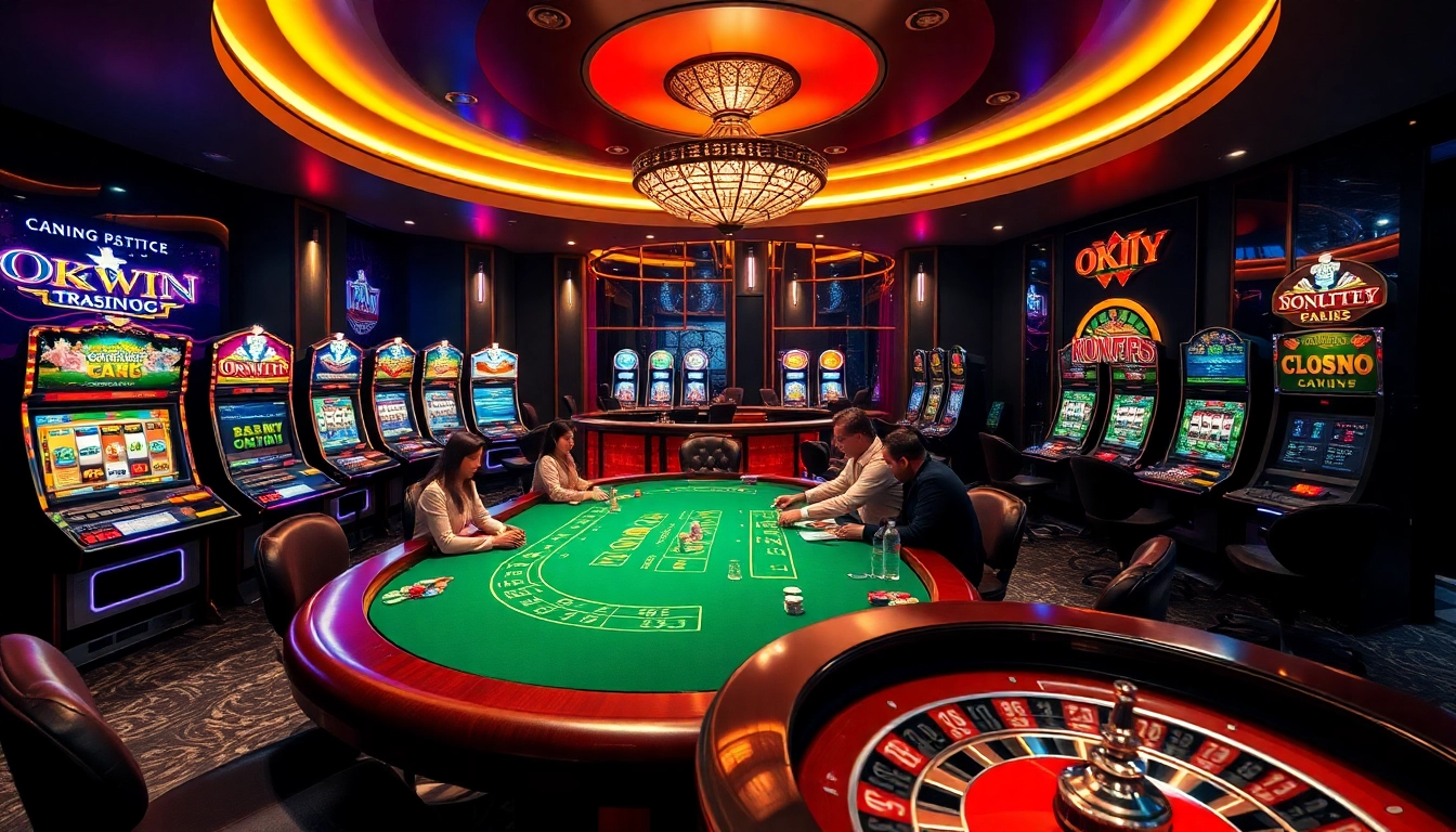 Engaging poker table action at Nhà Cái OKWIN, featuring vibrant slot machines and roulette wheels.