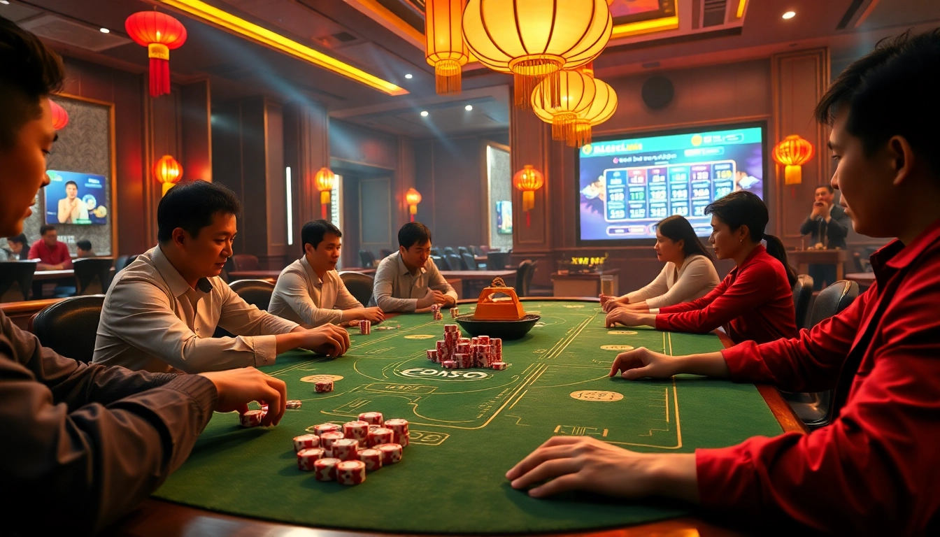 Players engaged in a thrilling game at the Xóc Đĩa table on https://xocdia24h.com/ showcasing vibrant chips and dice.