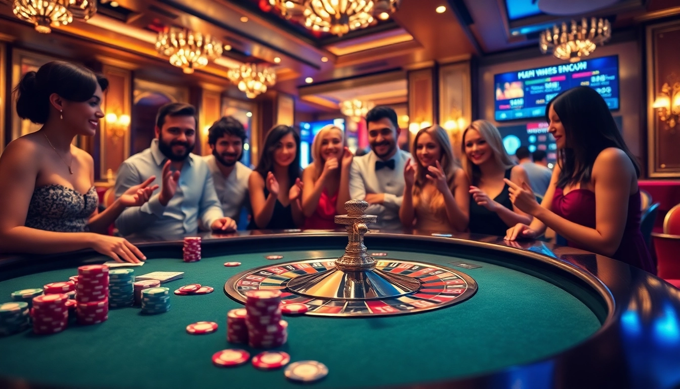 Experience the excitement of gambling at fun79.today's vibrant casino tables with colorful chips and engaged players.