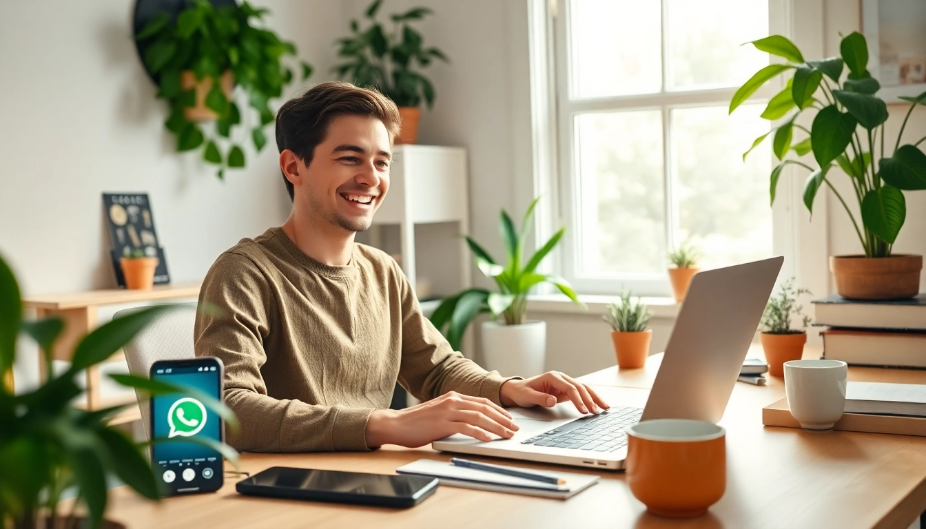 在舒适的办公室里使用 WhatsApp Web 的人，屏幕上显示着快连VPN