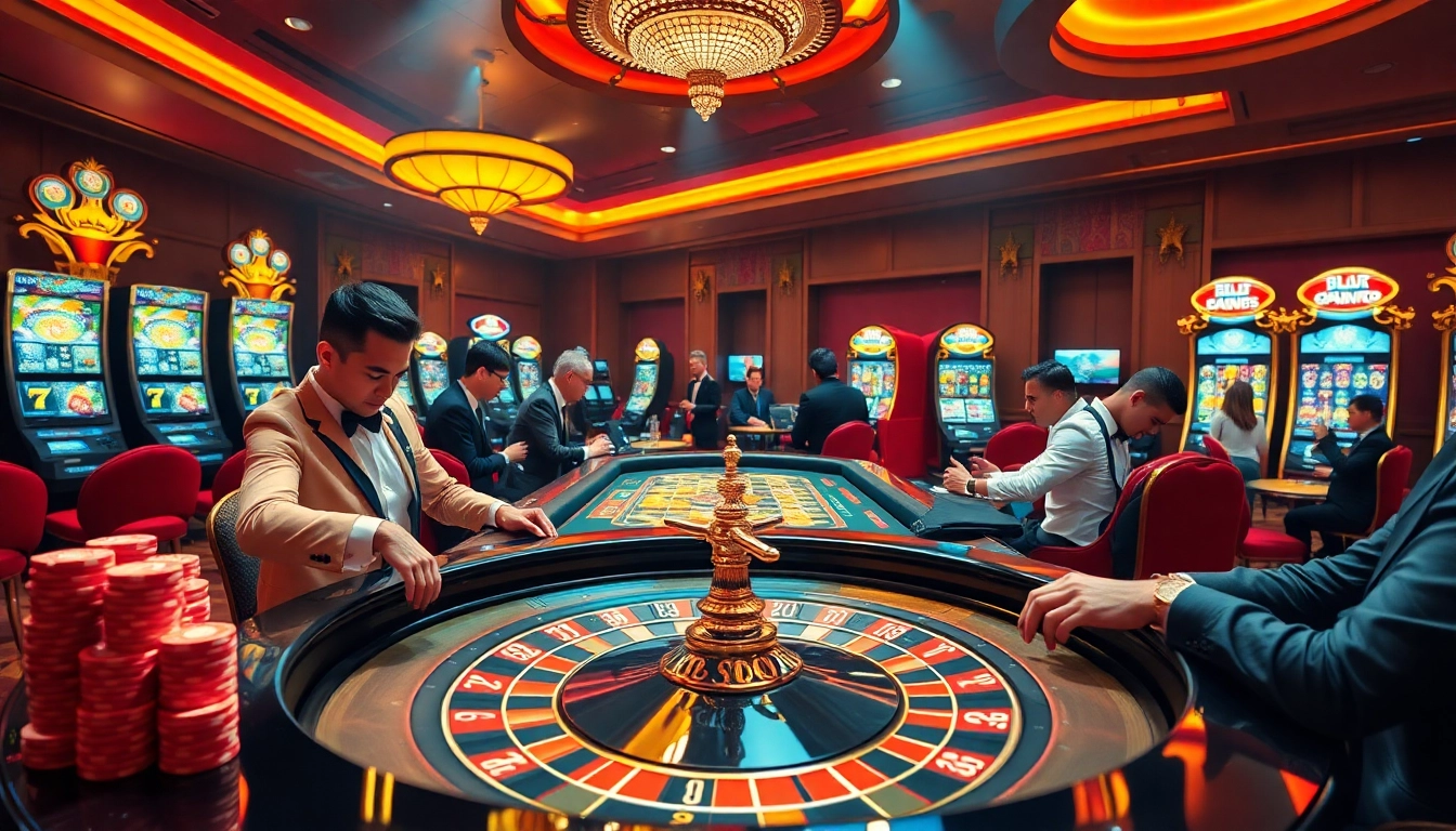 Players enjoy high-stakes action at BL555 with roulette and poker games in a vibrant casino setting.