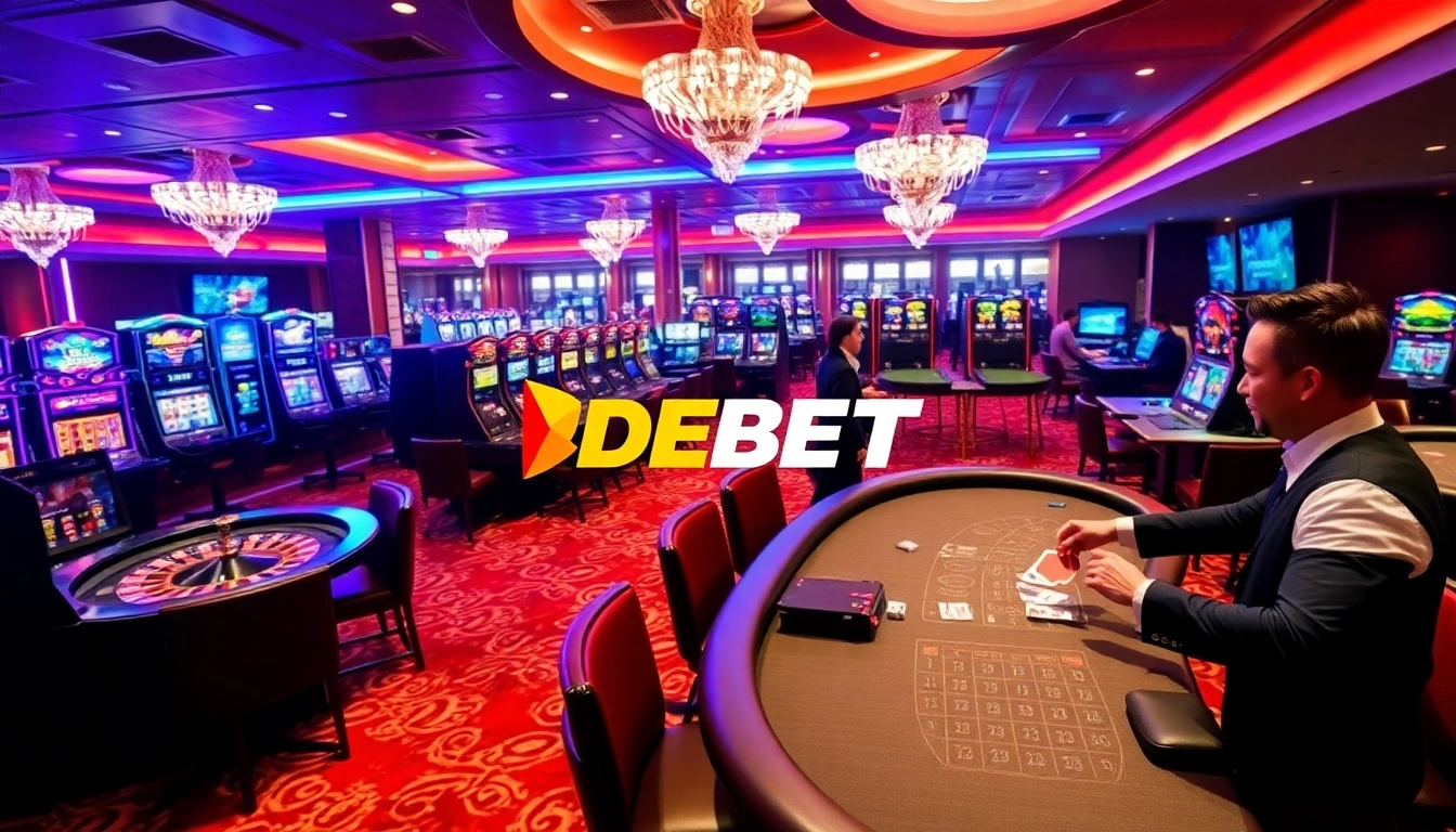 A dynamic scene showcasing DEBET casino games with poker tables, slot machines, and betting screens.