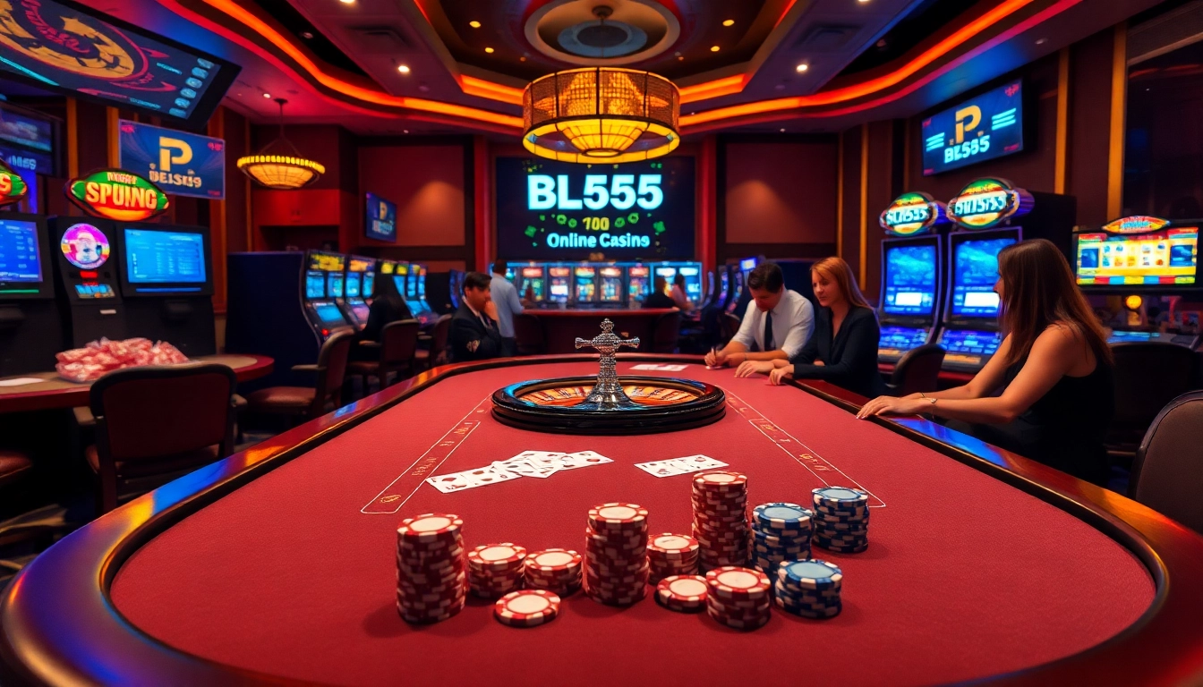 Engaged players betting at a Bl555 poker table in a luxurious casino setting.