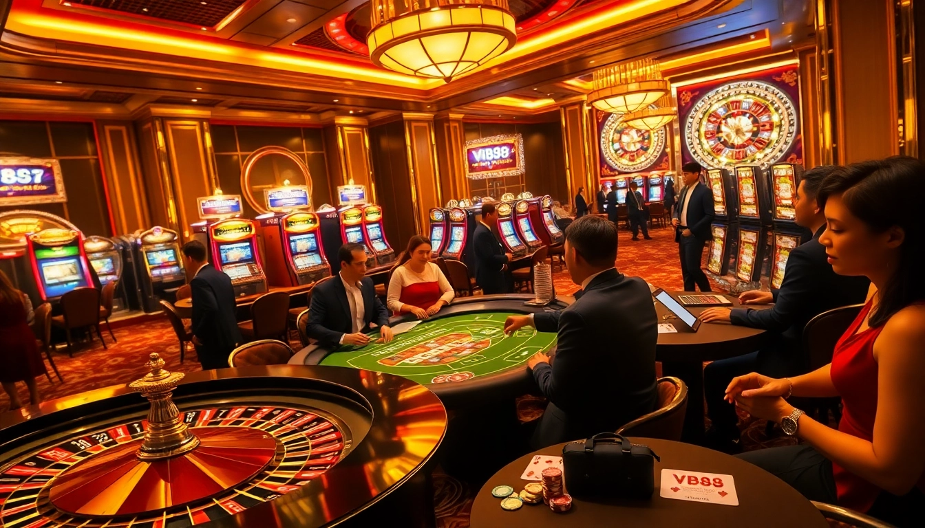 Players celebrating a win with VB88 poker chips on a luxurious casino floor.