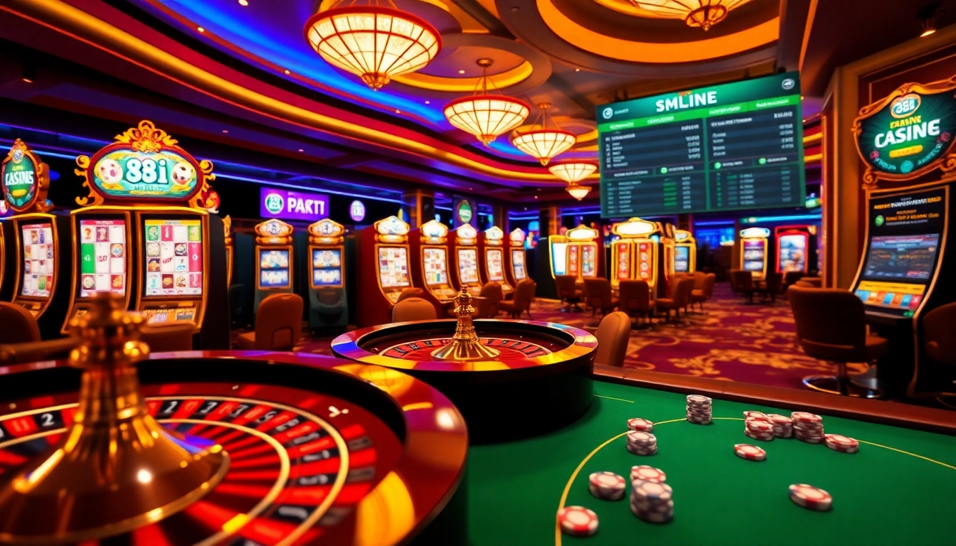 Players enjoying the excitement of 88i, featuring slot machines and poker tables in a vibrant casino.