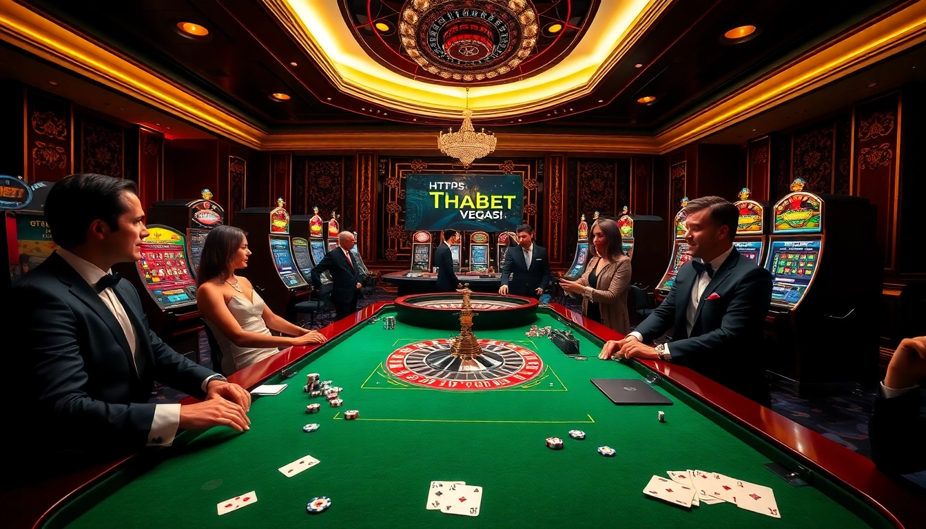 Players enjoy a thrilling game at THABET https://thabet.vegas/ casino, surrounded by vibrant slot machines.