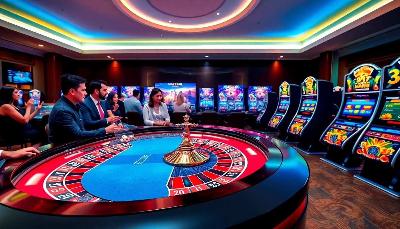 Experience thrilling gameplay at https://dr88.de.com/ in this sophisticated casino scene with roulette and vibrant slot machines.