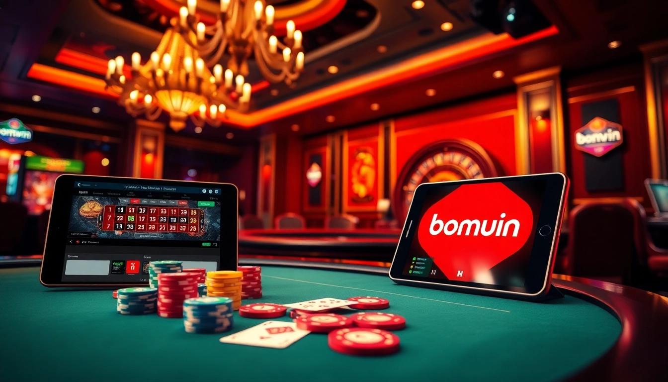 Experience exhilarating gaming at bomwin with a luxurious casino atmosphere showcasing poker tables and roulette wheels.