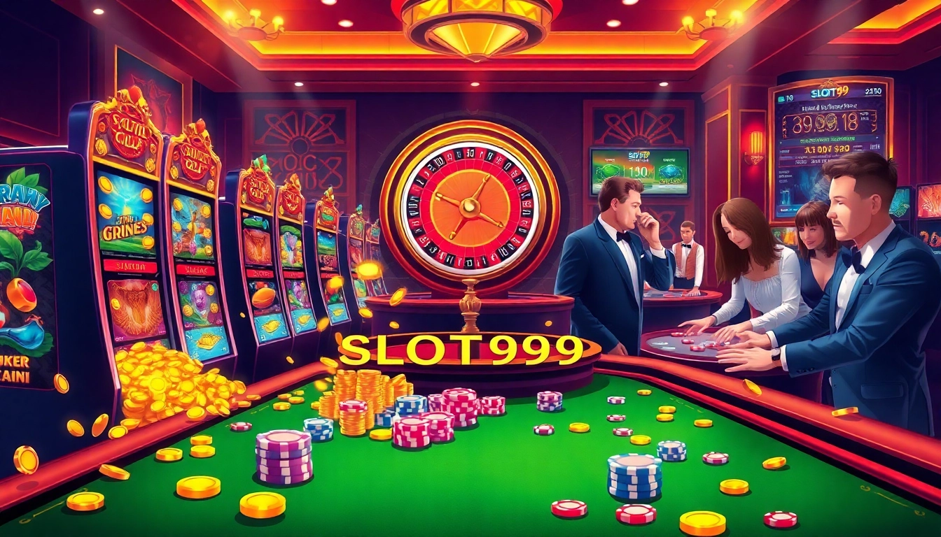 Excited gamblers enjoying the bright and luxurious SLOT99 gaming experience with vibrant slot machines.