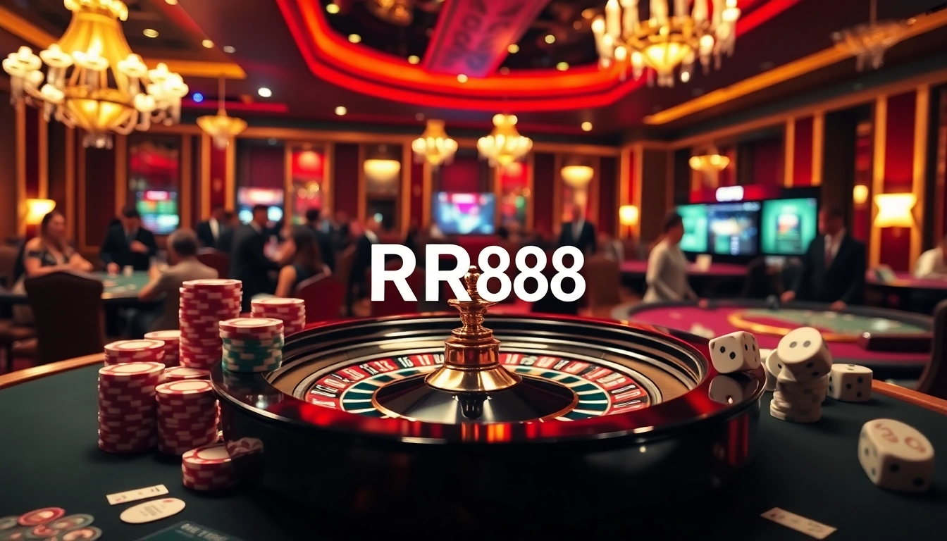 RR88 casino scene showcasing vibrant poker chips and bustling roulette excitement.