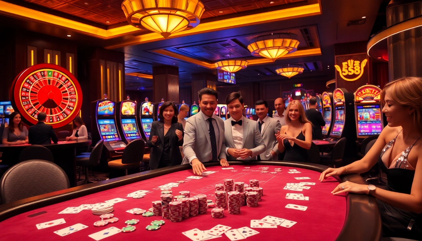 FLY88 players enjoying an exciting poker game at a luxury casino table.
