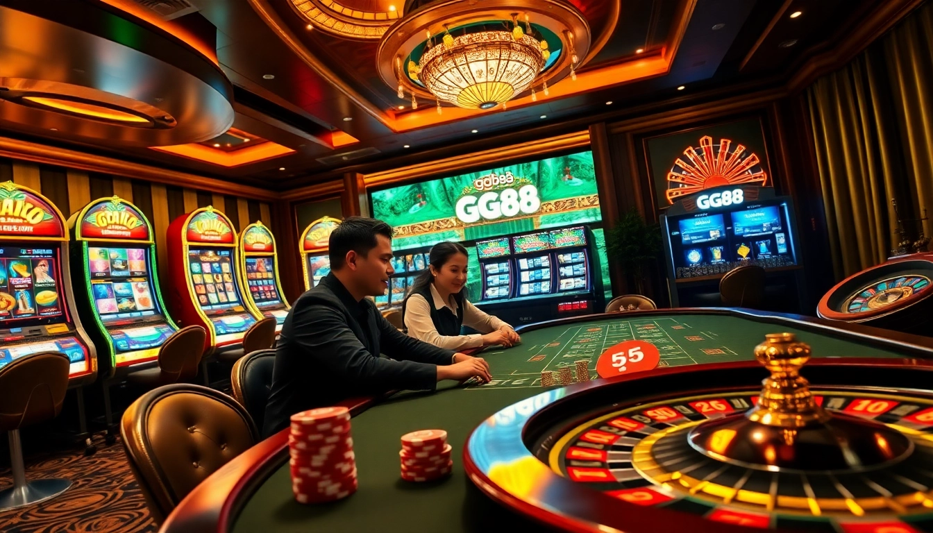 Engaged gambler at a luxurious poker table in gg88 casino, showcasing excitement and vibrant gaming atmosphere.
