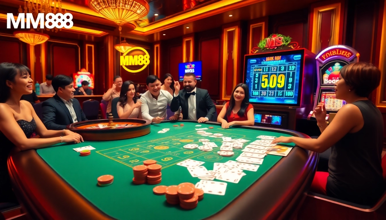 Experience the thrill of MM88 with a luxurious casino scene showcasing vibrant chips, cards, and excitement.