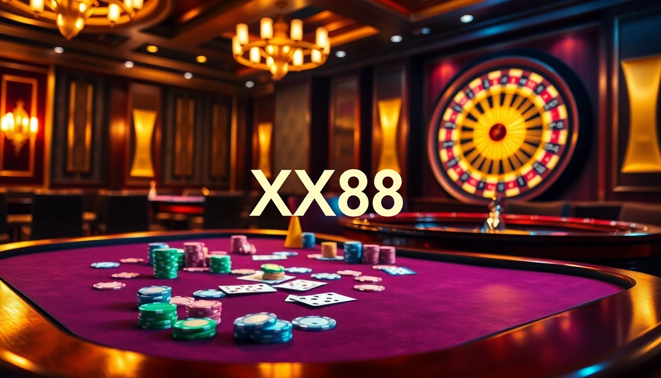 Experience high-stakes gaming at XX88's luxurious casino table filled with vibrant chips and cards.