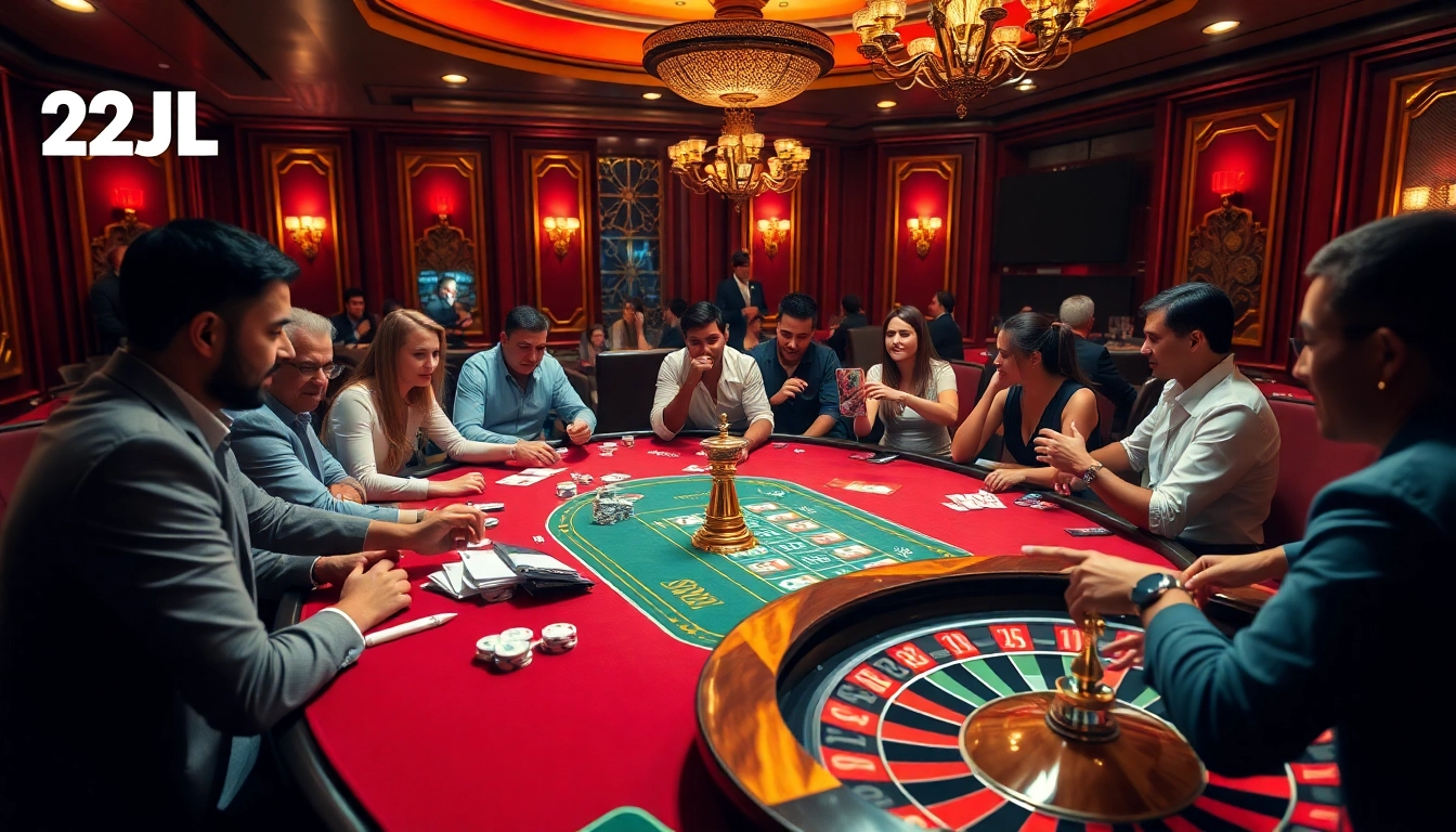 Players enjoying poker and roulette at the luxurious 22JL casino gaming table.