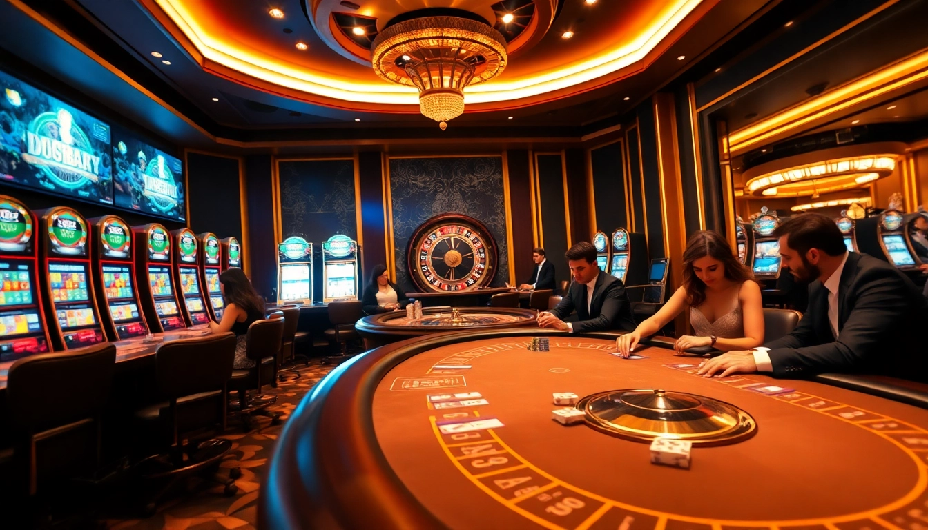 A luxurious gambling scene at gg88 com showcasing excited players at poker tables with vibrant slot machines and roulette.