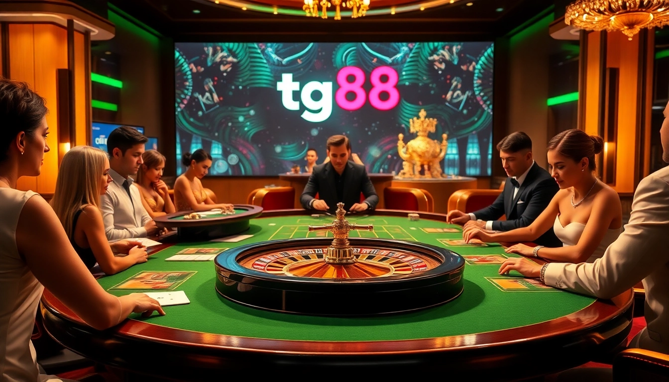 Players enjoying high-stakes poker at a luxurious casino table featuring tg88 branding.