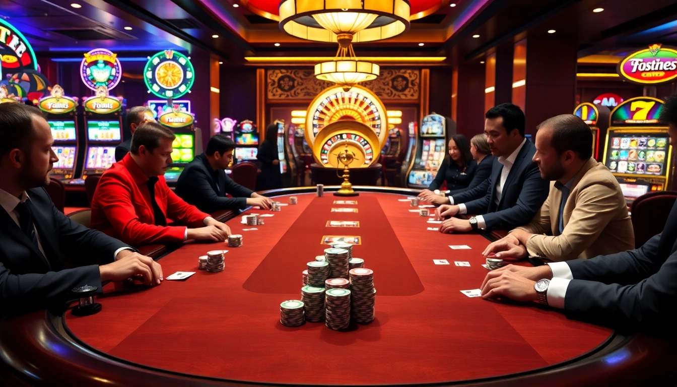 Experience the thrilling atmosphere at https://xx88tv.com/ with players enjoying poker and vibrant slot machines.