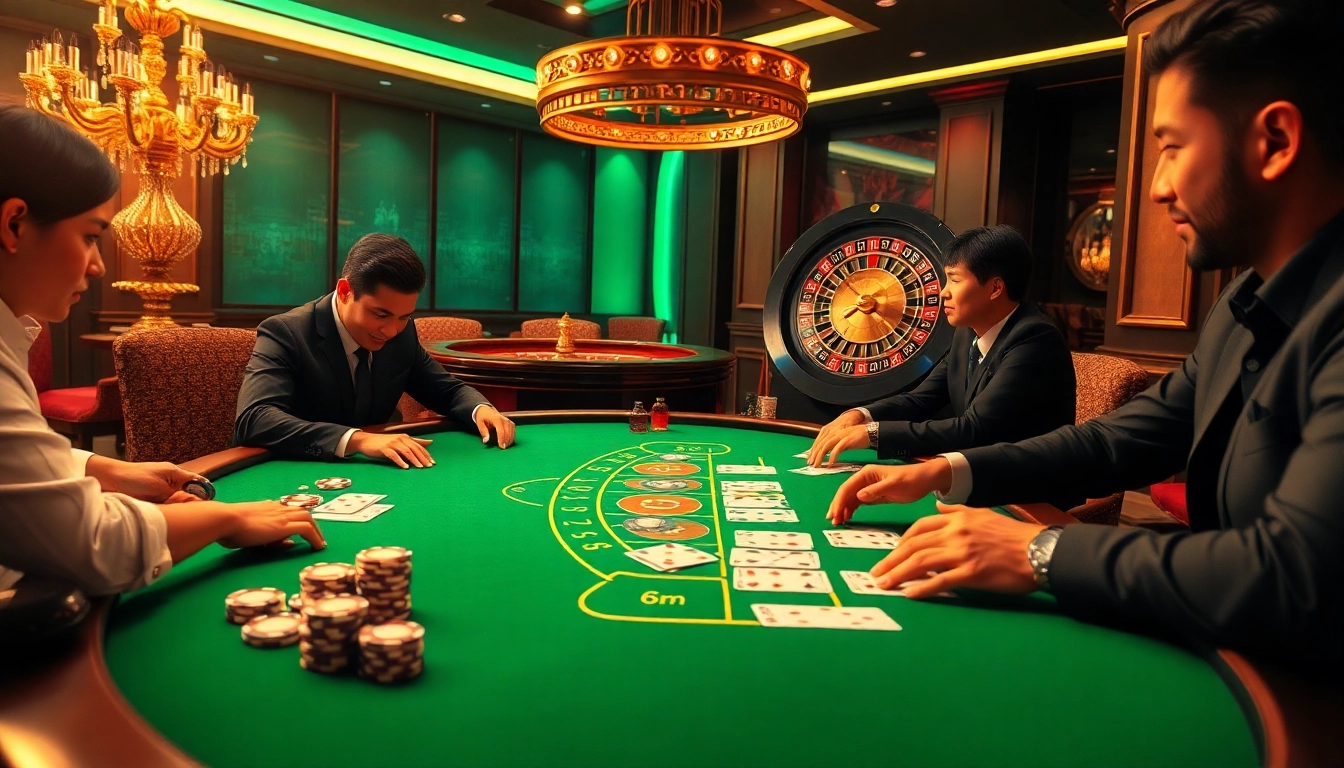 Excited players strategizing their moves at the dr88 Blackjack table in a luxurious casino.