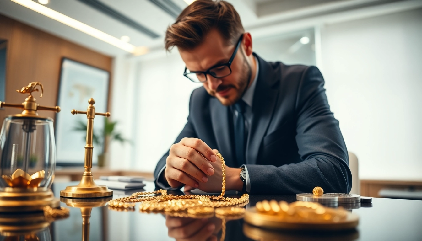 Compro oro a distanza: Evaluating gold jewelry with precision and care in a professional setting.
