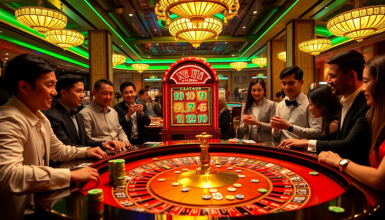 Players celebrating big wins at a nổ hũ slot machine in an exciting casino atmosphere