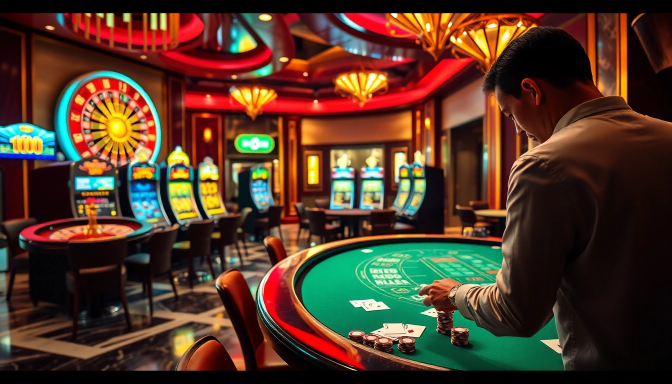 Experience the thrill of KK55 at a luxurious casino filled with vibrant tables and exciting gaming opportunities.