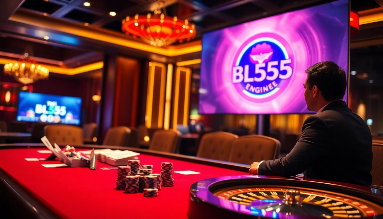 Engaging in high-stakes poker at BL555, featuring vibrant casino elements and an HD roulette wheel.