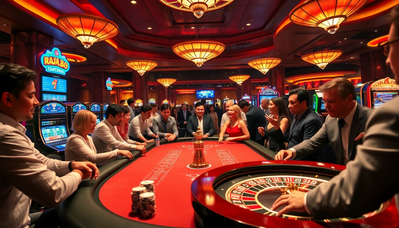 Players enjoying raja 88 at a luxurious casino, highlighting excitement and high-stakes gambling.