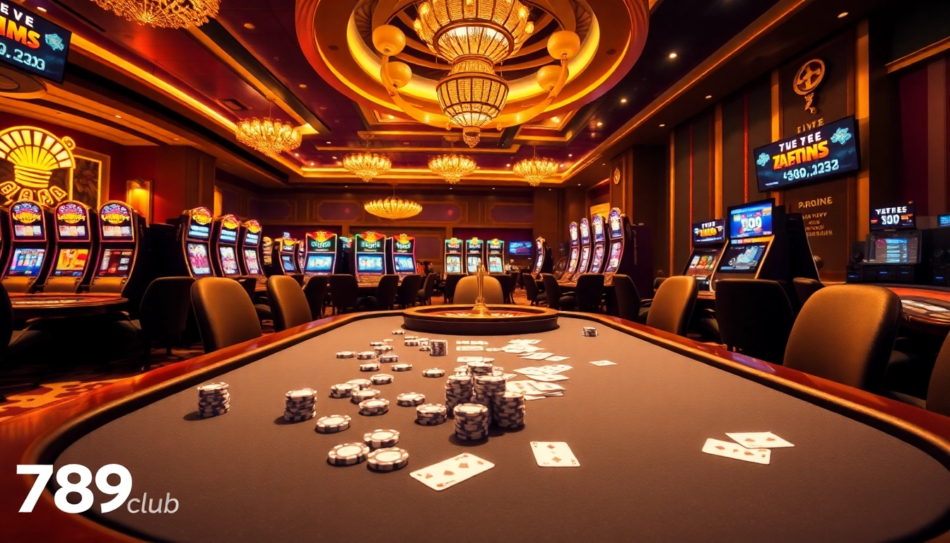 Experience the excitement of 789club with a vibrant casino scene featuring poker, slots, and roulette.