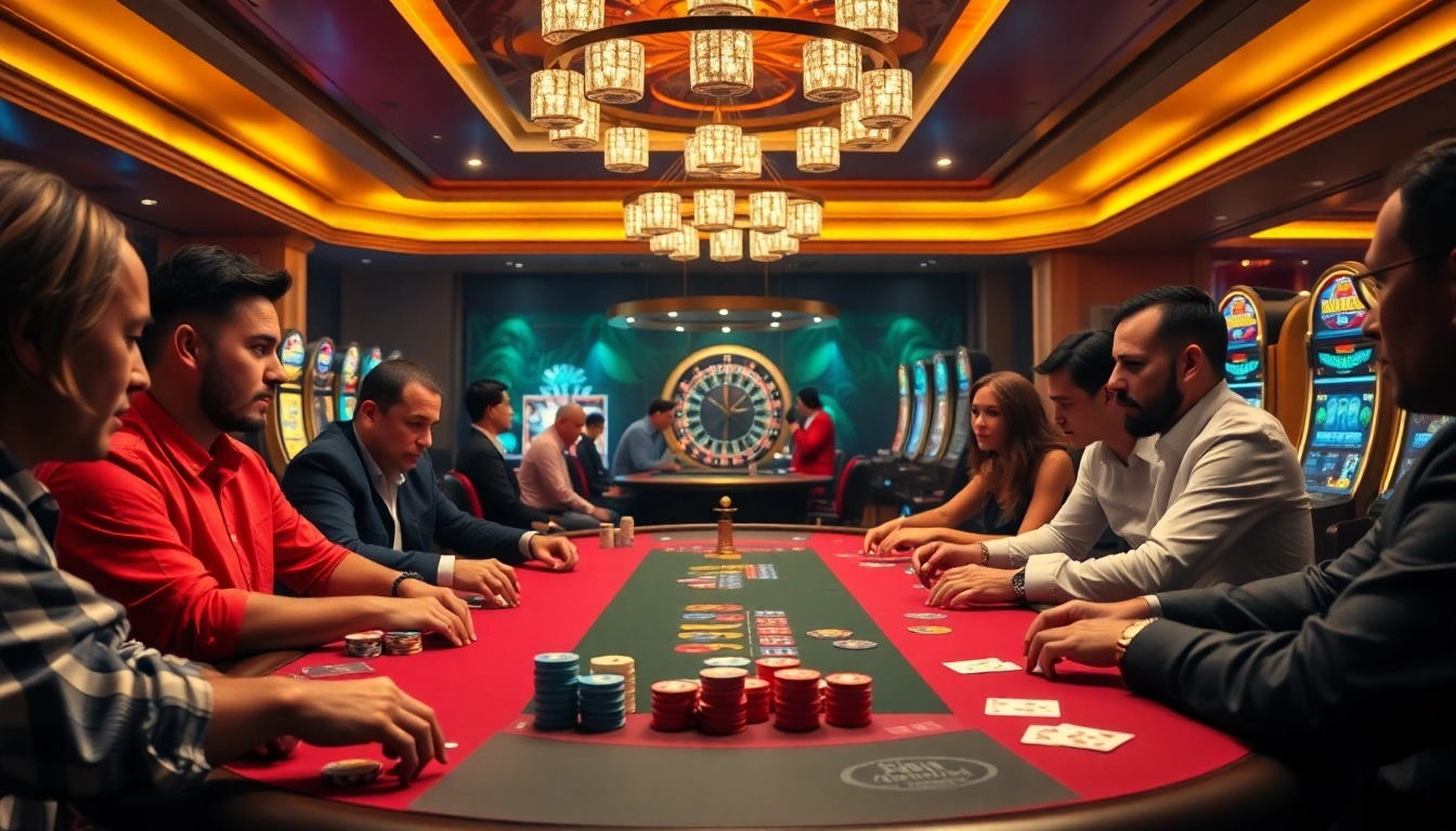 Players strategizing at the mm888 poker table amidst an exciting casino atmosphere.