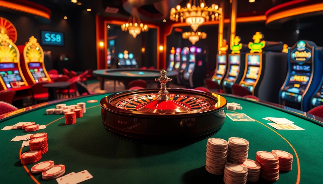 Experience the luxury of S8 casino with vibrant poker chips and glowing slot machines.