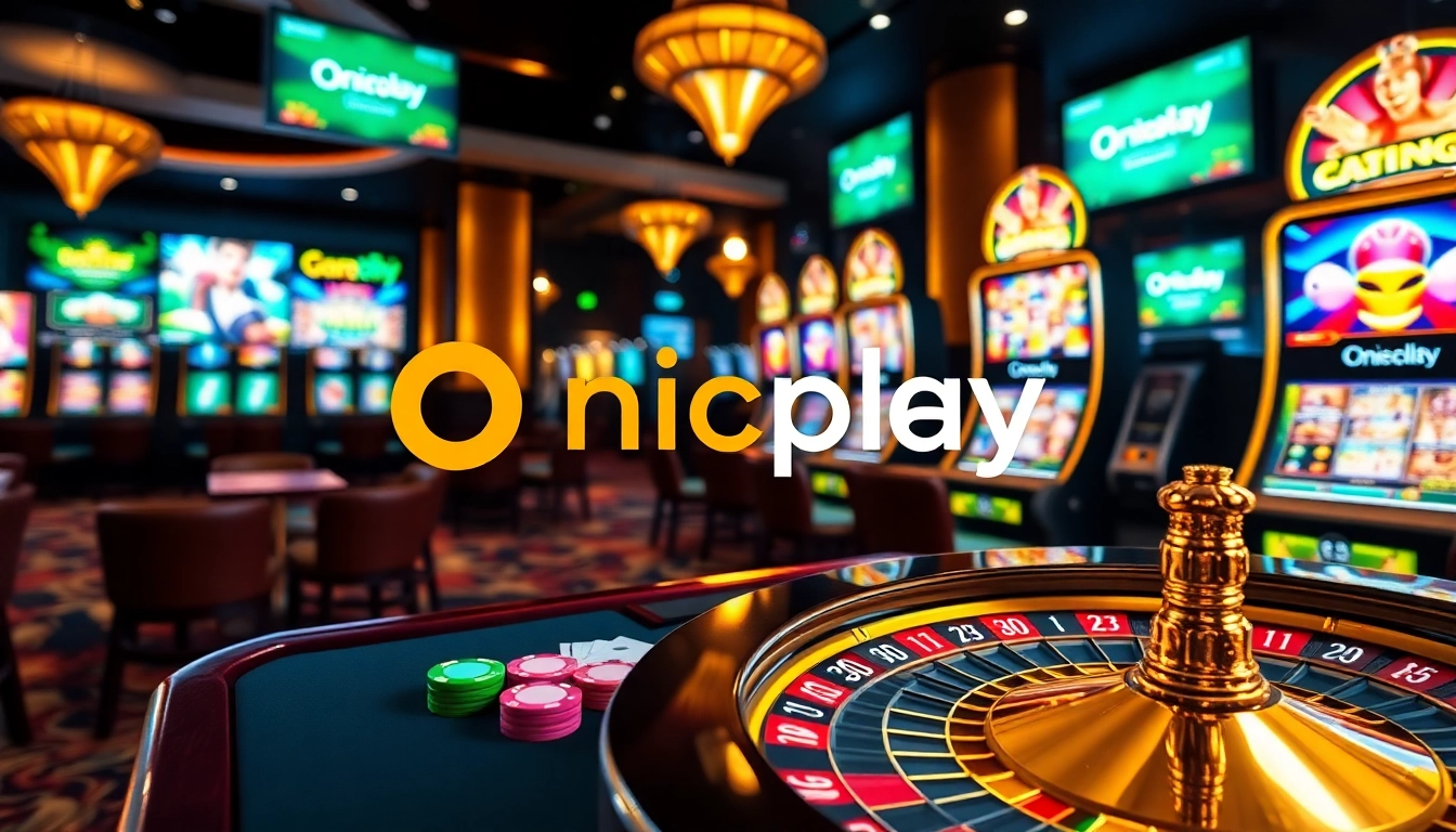Engaging Onicplay online casino scene with vibrant poker table and slot machines.