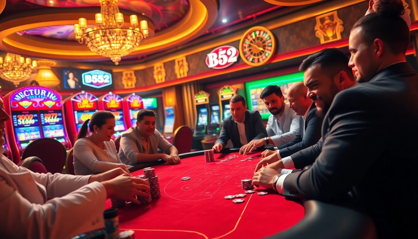 Players enjoying an exciting game of poker at B52 club casino, showcasing vibrant gaming elements.