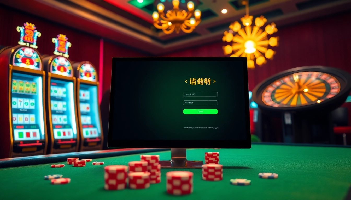 Engage with the exciting world of gambling by logging in, featuring captivating slot machines and a roulette setup.