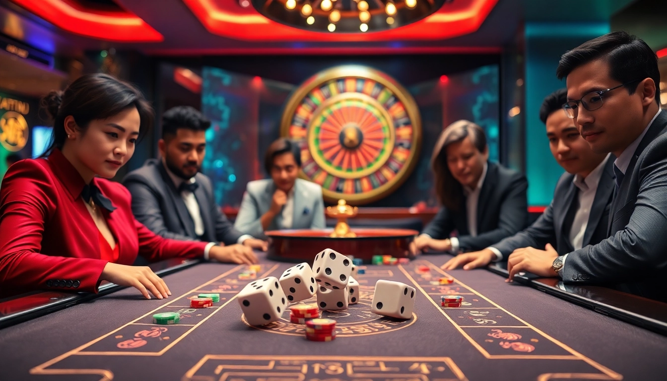 Excited players engaging in a high-stakes Taixiu game with vibrant casino atmosphere.