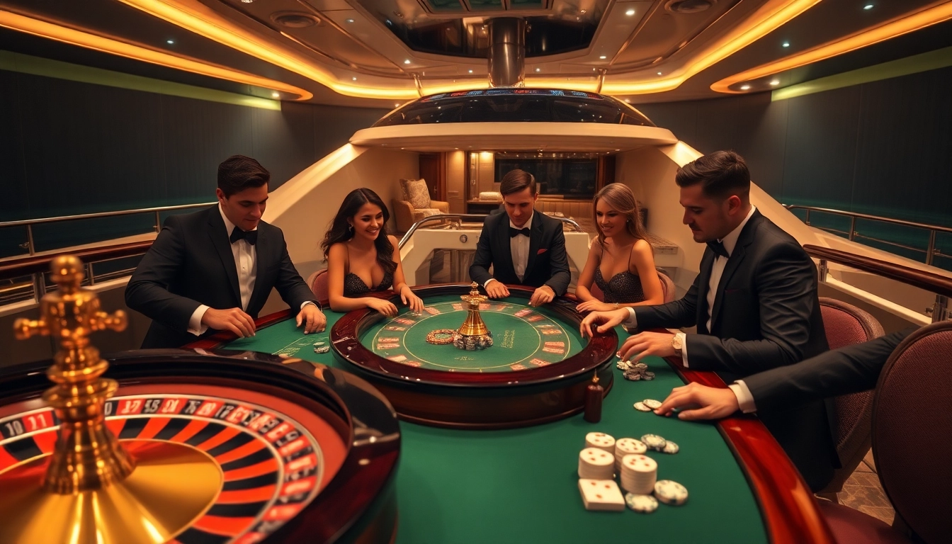 SX88 yacht with gamblers enjoying a vibrant casino atmosphere featuring roulette and poker.