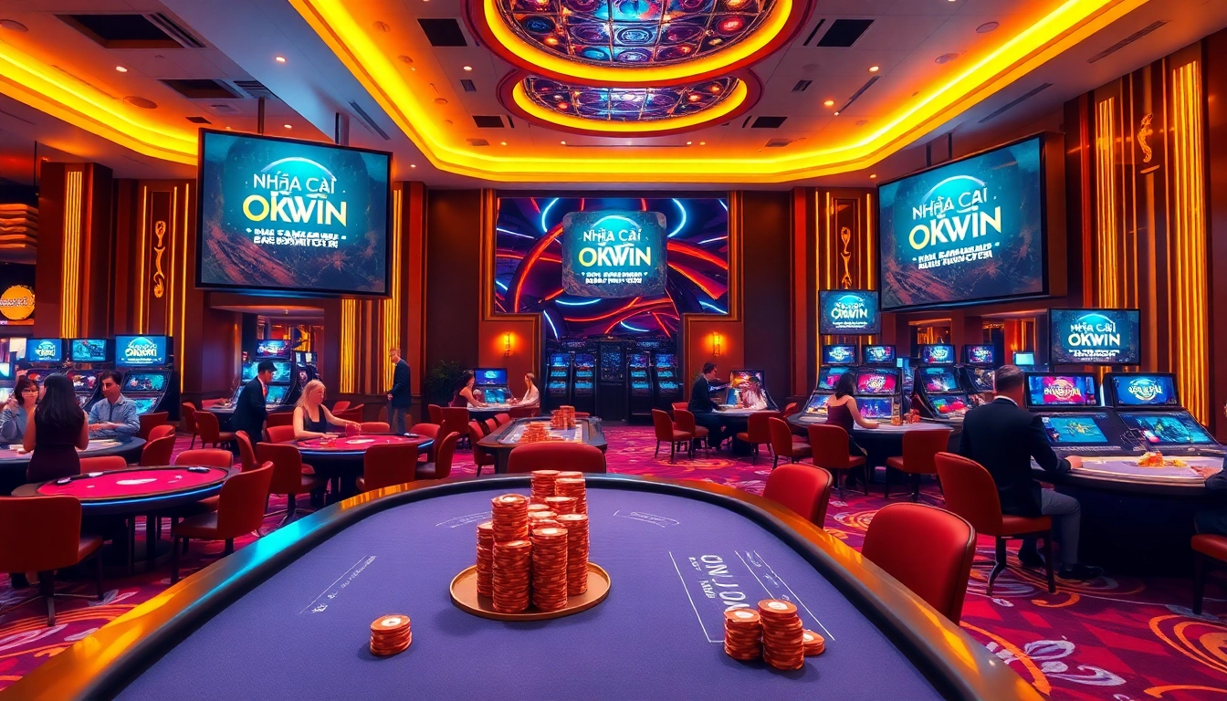 Exciting gaming experience at Nhà Cái OKWIN, with vibrant casino tables and professional croupiers.