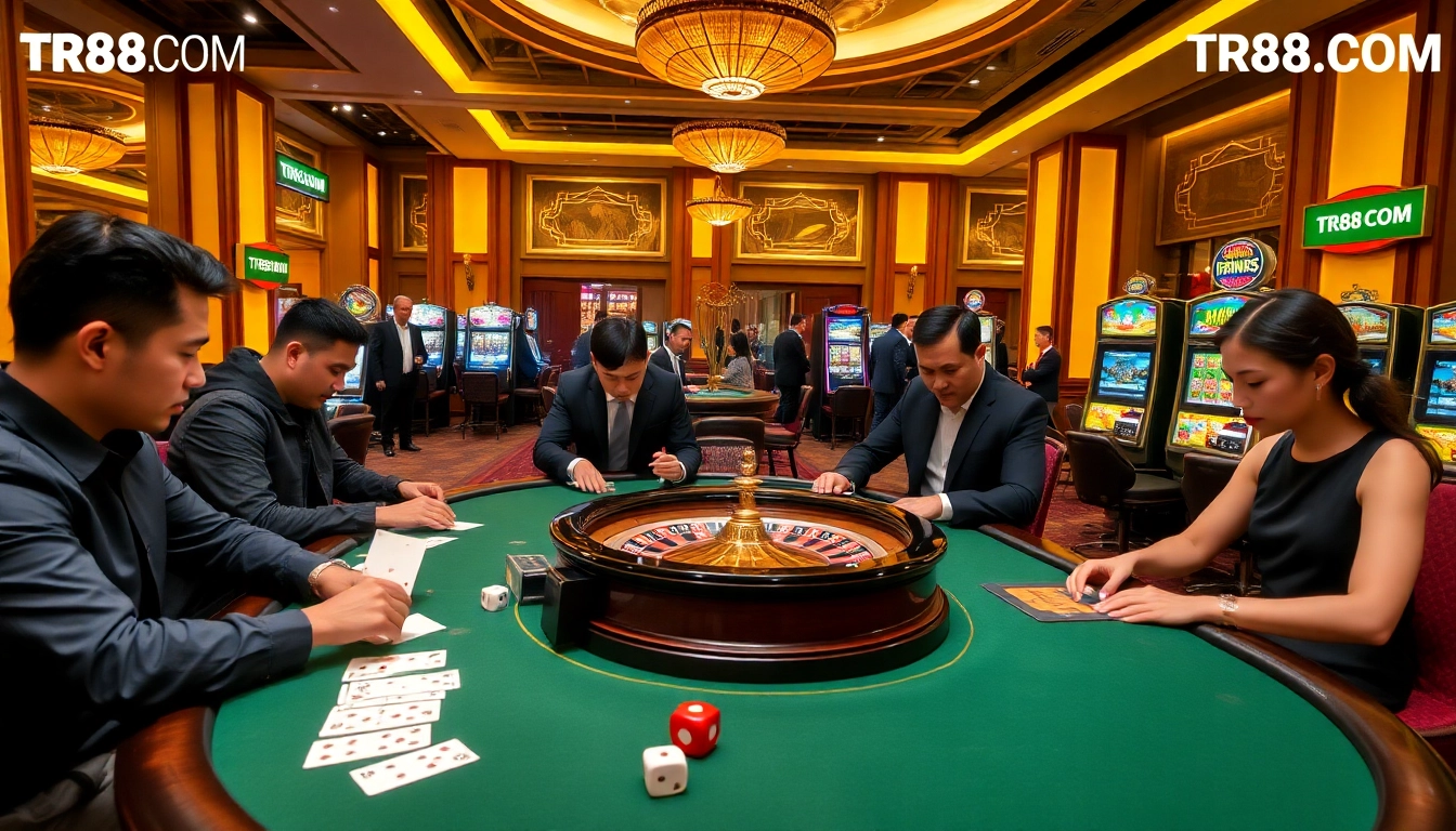 Exciting gameplay at TR88.COM with poker chips and roulette wheel in a luxurious casino setting.