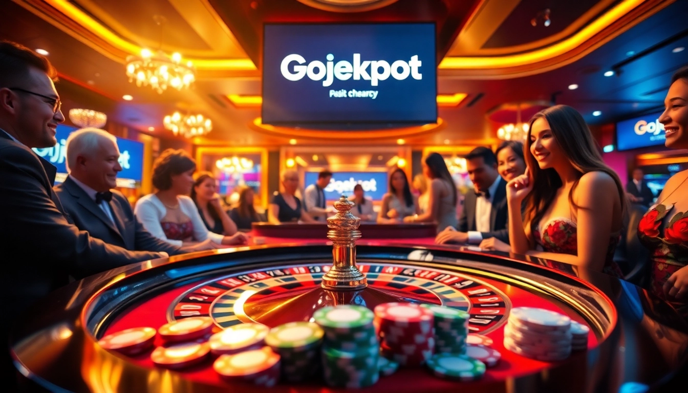 Gojekpot players celebrate wins at a luxurious casino table filled with chips and cards.