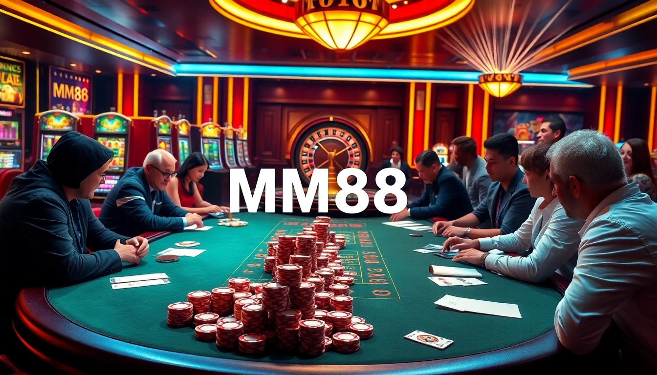 Players engaging in high-stakes poker at MM88 casino, showcasing luxury and excitement.