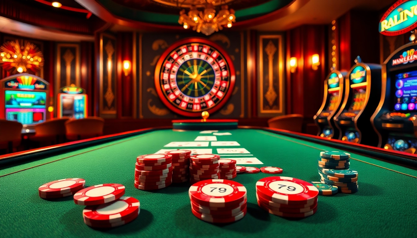 A high-stakes poker game showcasing 79 king chips amidst vibrant casino lights and excitement.