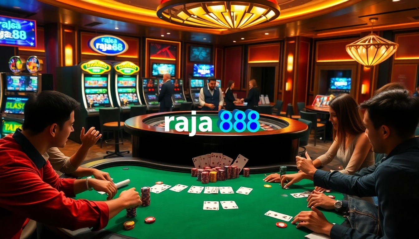 Players challenging each other at a raja 88 poker table in a vibrant casino setting.