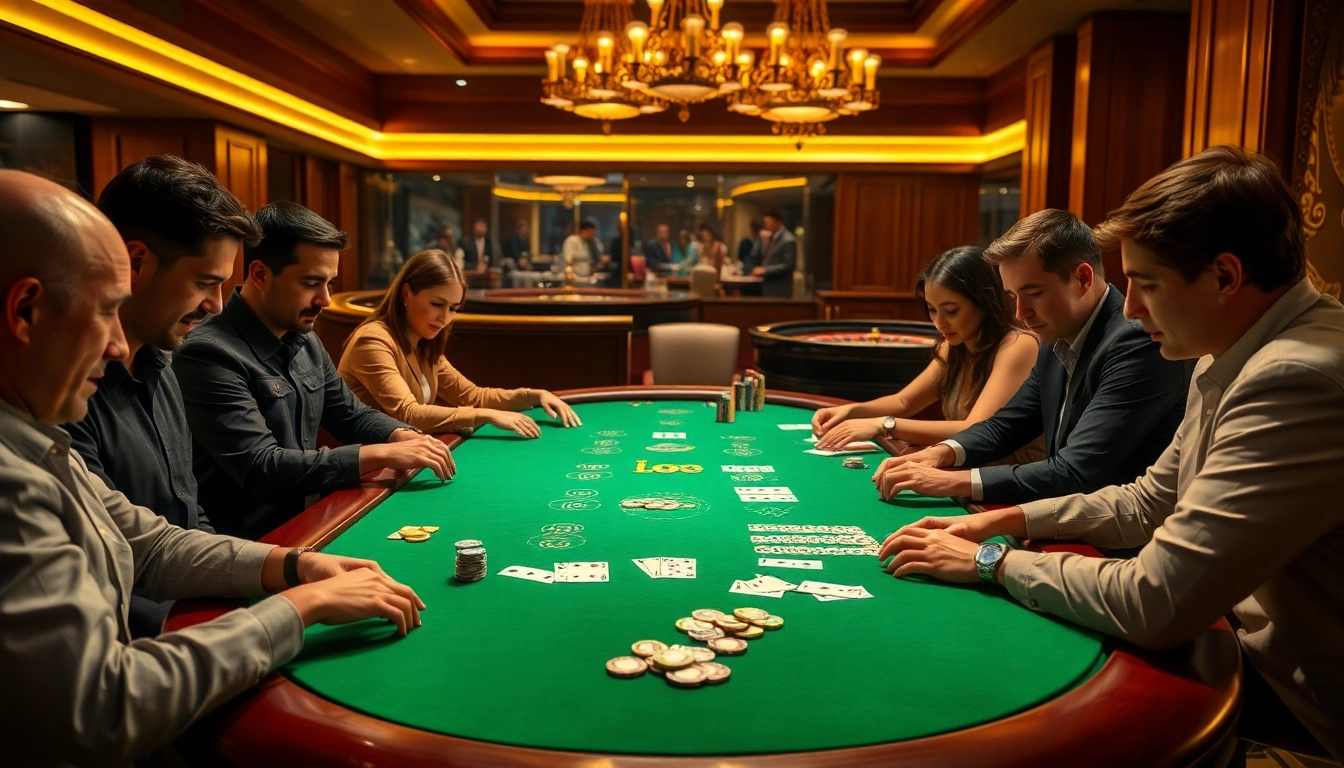 B52club poke players engaging at a luxurious poker table filled with chips and cards.